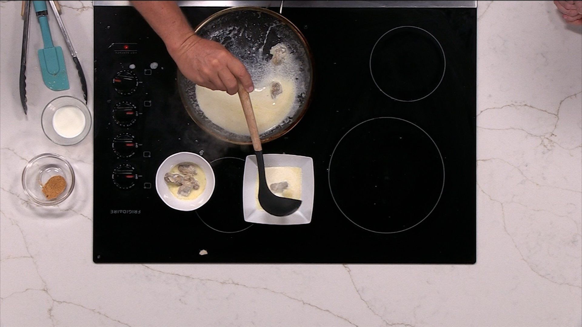 Joe White is Cooking his Grandfather's Oyster Stew Recipe in the Kitchen Concepts Kitchen